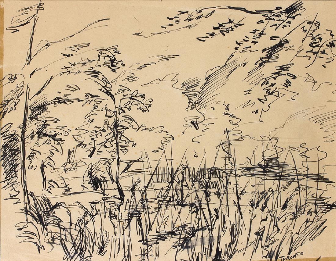 GIULIO TURCATO - Landscape: GIULIO TURCATO Mantova 1912 - Roma 1995 Landscape Indian ink on paper, 21 x 7 cm Signed lower right: Turcato Declaration of authenticity on label by galleria Trifalco di Roma con data 1-5-73, on the b