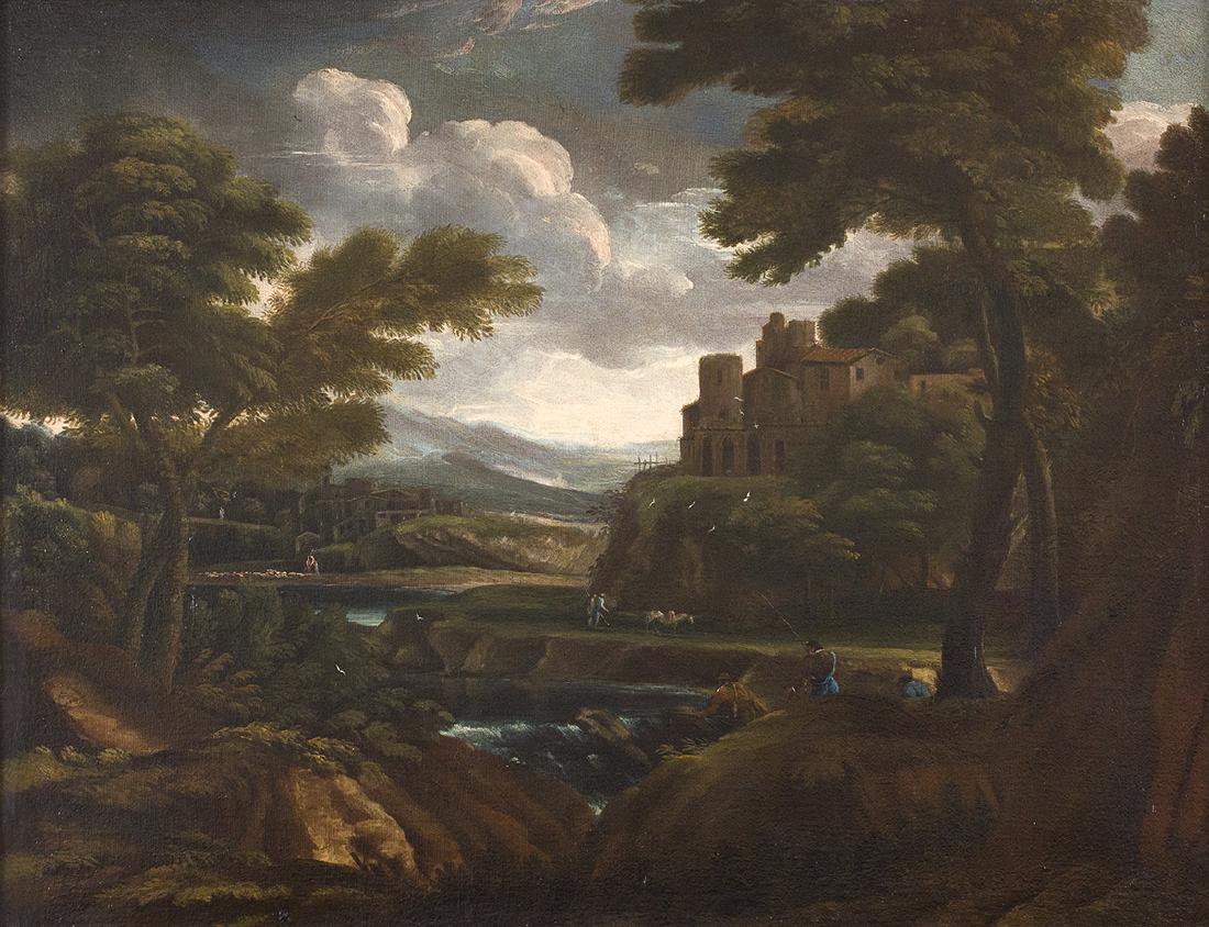 Crescenzio Onofri - Landscape with a citadel and: Crescenzio Onofri (Rome, 1634 - 1714) Landscape with a citadel and figures oil on canvas, cm 74x96. Framed