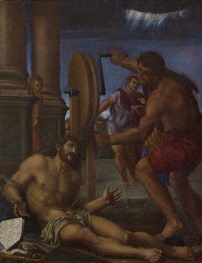 Lucio Massari - Martyrdom of saint Erasmus: Lucio Massari (Bologna, 1569 - 1633) Martyrdom of saint Erasmus oil on canvas, cm 38,5x30,5. With an antique frame The present painting comes with a certificate issued by Emilio Negro