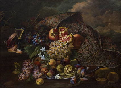 Maximilian Pfeiler - Still life with fruits, carpet,: Maximilian Pfeiler (German painter active in Rome from 1694 to 1721) Still life with fruits, carpet, goblets and savoyards oil on canvas, cm 75x100 We are grateful to Ulisse Bocchi for confirming the