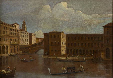 Francesco Tironi - Venetian view with Rialto bridge: Francesco Tironi (active in Venice durign the second half of the XVIII century) (attr.) Venetian view with Rialto bridge oil on canvas, cm 44x66