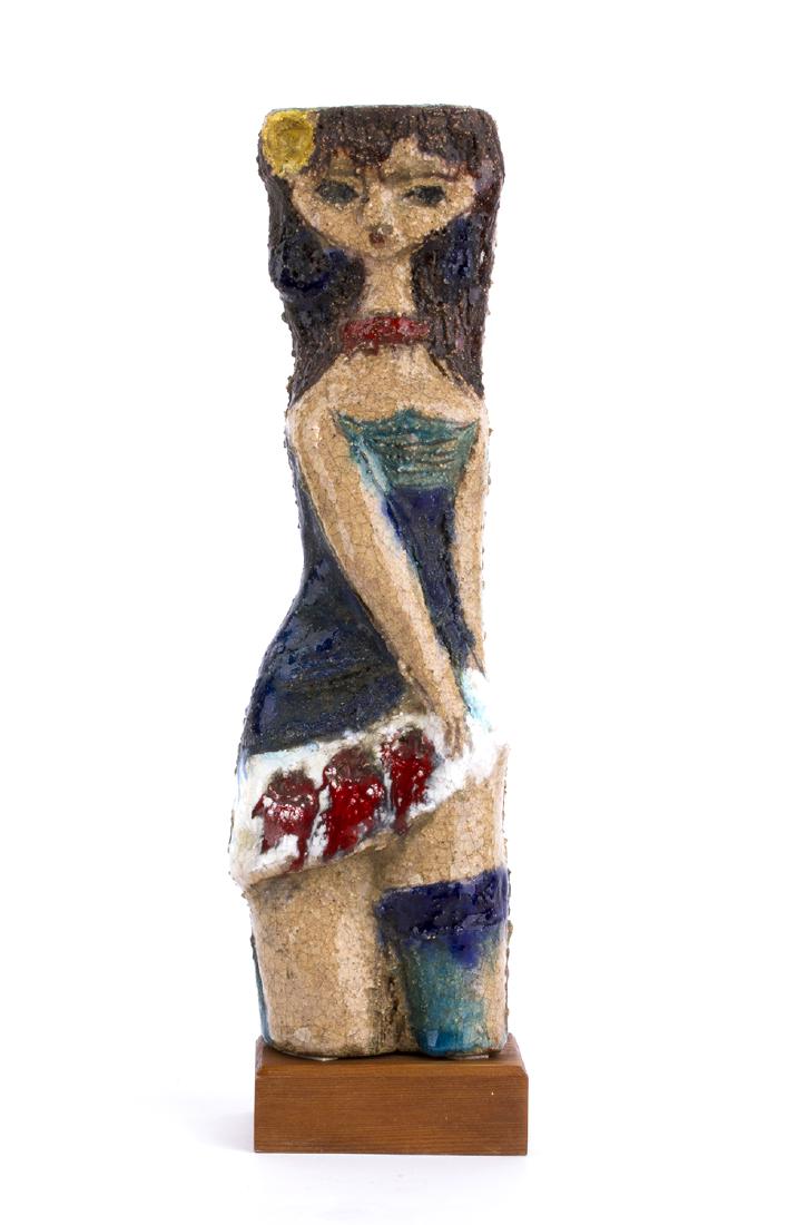 For Raymor, 50â€™s: MARCELLO FANTONI Florence, 1915 - 2011 For Raymor, 50â€™s Painted ceramic sculpture, h. 29,3 cm (h. 32 cm with the base) Signed under the sculpture: Fantoni Italy for Raymor Label on the side of