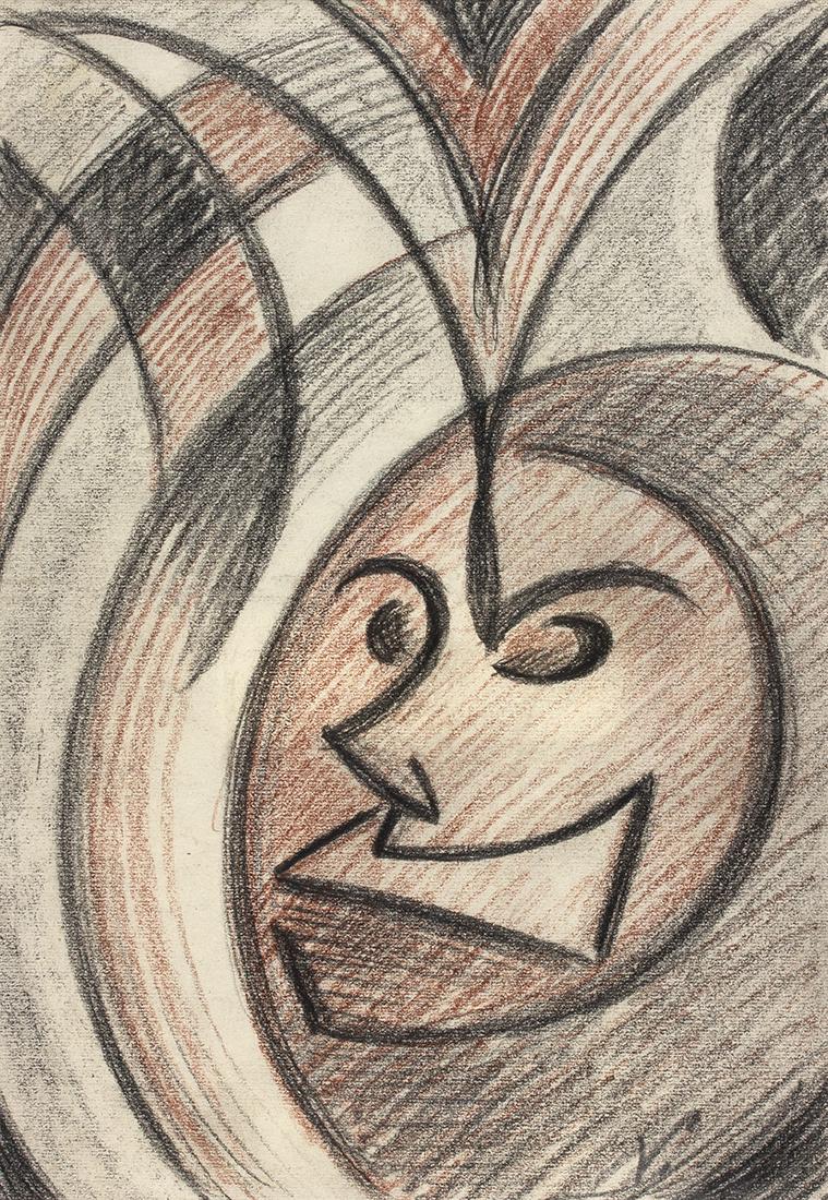 Mask: LUCIO VENNA Venice, 1897 - Florence, 1974 Mask Charcoal and red pencil on paper, 22,5 x 16 cm circa Signed lower right: V. Stamp on the back