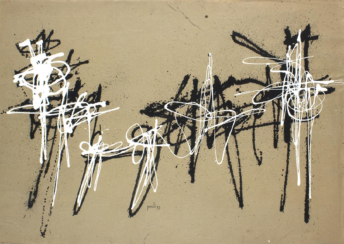 Abstract, 1957: ACHILLE PERILLI Rome, 1927 Abstract, 1957 Mixed media on brown paper, 71 x 99,5 cm Signed and dated lower center: Perilli 57 LITERATURE Achille Perilli, â€œLe Carte e i Libri 1946 - 1992â€, a c