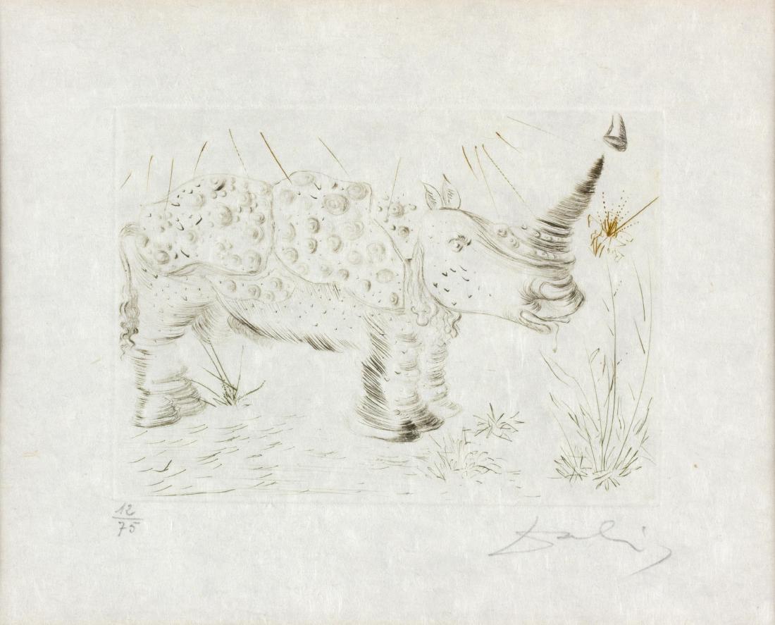 Rhinoceros: SALVADOR DALÃ Figueres, 1904 - 1989 Rhinoceros Lithography, ex. 12/75, 12,3 x 17 cm (sheet 19,5 x 24,8 cm) Signed lower right: DalÃ­