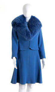 FABRIZIA, THREE DRESSES Late 60s - early 70s: FABRIZIA, THREE DRESSES Late 60s - early 70s a) A bright blue wool crepe ensamble (dress and jacket), the dress has silk georgette sleeves and tie neck, the jacket has matching fox fur collar; jacket: