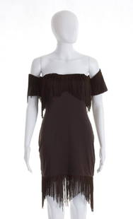 RIFAT OZBEK BROWN FRINGED DRESS 1992: RIFAT OZBEK BROWN FRINGED DRESS 1992 A brown lycra short dress with short off shoulder sleeves, fringed at the bust and hem Bust 90 cm - waist 70 cm Condition grade B Claudia Schiffer wore the same mo