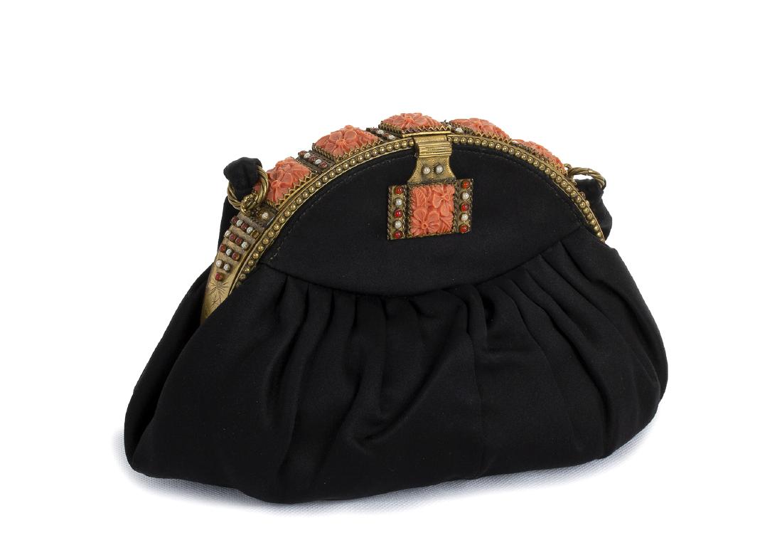 EVENING PURSE 40s: EVENING PURSE 40s A black satin evening purse, brass frame encrusted with little pearls and beads, carved faux pink coral celluloid 25W x 18H x 4L cm Condition grade B BORSETTA DA SERA Anni 40 Borsett