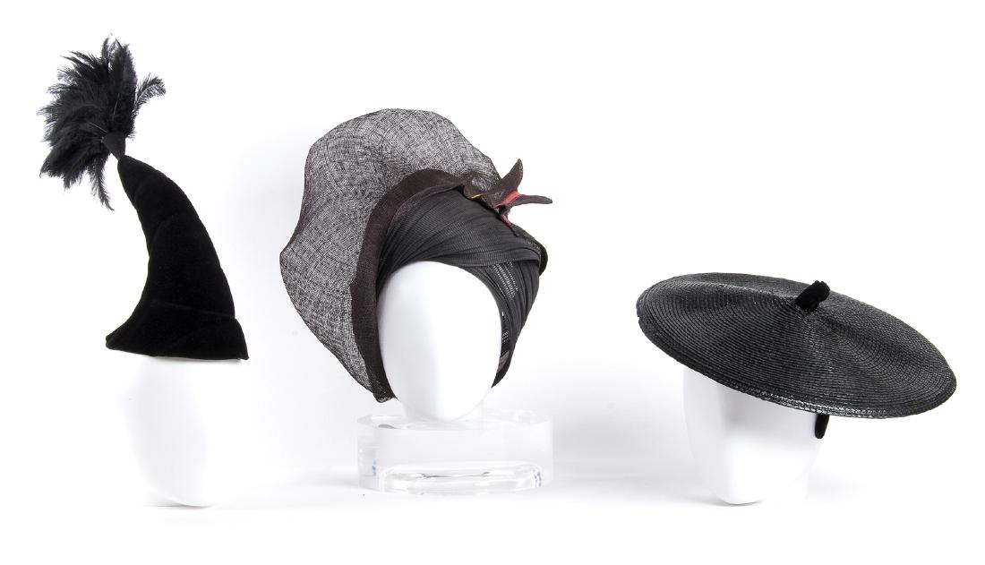 ELEVEN HATS Early 80s to early 2000s: ELEVEN HATS Early 80s to early 2000s a) A Celine Robert cone hat with a black fetahers penache; 18W x 40H cm b) A Celine Robert brown/black straw and sinamay turban hat; circumferenhce 54 cm c) A blac