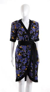 YVES SAINT LAURENT RIVE GAUCHE  DRESS 80s: YVES SAINT LAURENT RIVE GAUCHE DRESS 80s A dress, silk jacquard imprimè crepe de chine, light blue and yellow floral pattern on black background, black silk jersey belt and trimmings. Bust 89 - Waist