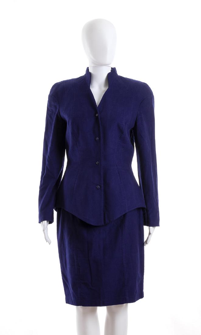THIERRY MUGLER ACTIVE ENSEMBLE Mid 80s: THIERRY MUGLER ACTIVE ENSEMBLE Mid 80s Purple fustian suit (jacket and skirt). Bust 90 cm Condition grade B