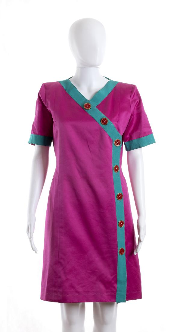 YVES SAINT LAURENT RIVE GAUCHE DRESS Anni 90: YVES SAINT LAURENT RIVE GAUCHE DRESS Anni 90 A fuchsia cotton satin dress, green water trimmings, gilded buttons. Bust 85 cm Cobdition grade B/C (signs of wear)