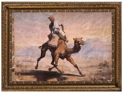 IPPOLITO CAFFI (Belluno, 1809 - Lissa, 1866) - Bedouin: IPPOLITO CAFFI (Belluno, 1809 - Lissa, 1866) Bedouin on dromedary in the desert Watercolor on paper laid down on cardboard, cm. 43,5x62. Framed