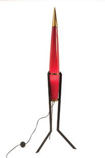 LUCIANO VISTOSI - Pointed red floor lamp, 50â€™s: LUCIANO VISTOSI Murano, 1931 - Venice, 2010 Pointed red floor lamp, 50â€™s Structure in lacquered metal and brass with glass diffuser, 164 x 50 x 50 cm