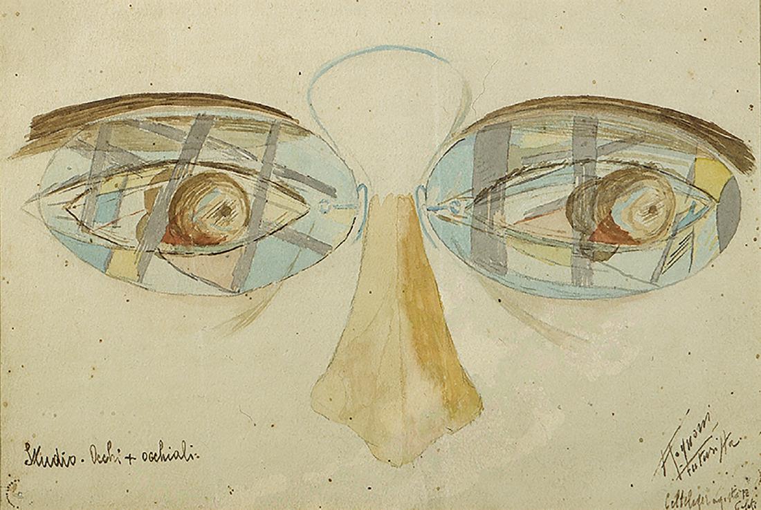 ANGELO ROGNONI - Study of eyes + glasses, 1918: ANGELO ROGNONI Pavia, 1896 - 1957 Study of eyes + glasses, 1918 Pencil and tempera on paper, 17 x 25 cm Signed, inscribed and dated lower right: Rognoni Futurista, Cellelager, agosto 18 Titled lower l