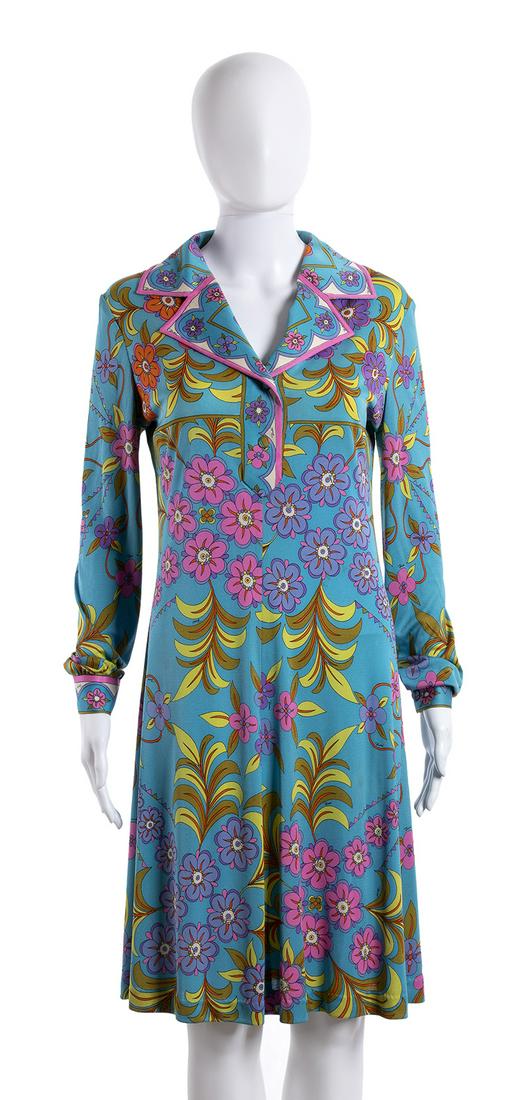 EMILIO PUCCI, â€˜TOWN AND COUNTRYâ€™ COLLECTION SILK: EMILIO PUCCI, â€˜TOWN AND COUNTRYâ€™ COLLECTION SILK JERSEY DRESS 1974 Multicolored floral pattern silk jersey dress, Bust 85 cm 5General conditions grading B