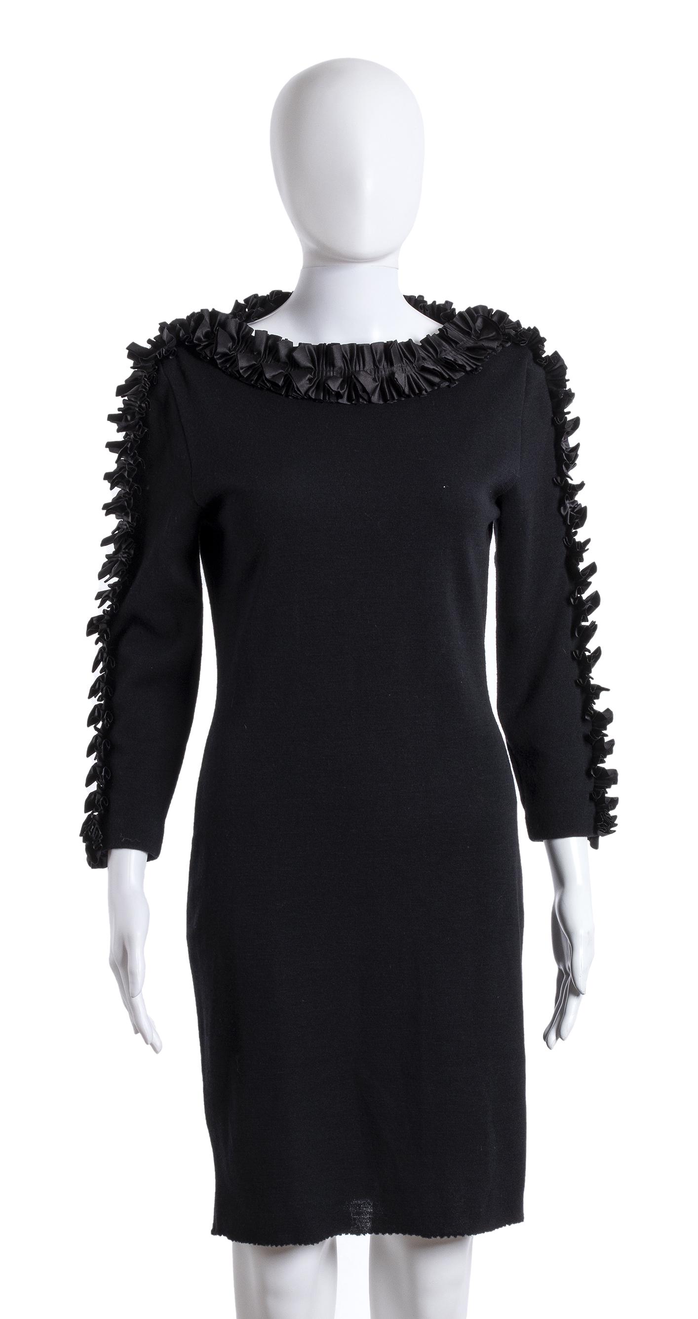 GUY LAROCHE TRICOT WOOL DRESS Early 90s: GUY LAROCHE TRICOT WOOL DRESS Early 90s Black wool dress, black ruffled satin ribbon border, Bust 85 cm General Conditions grading B