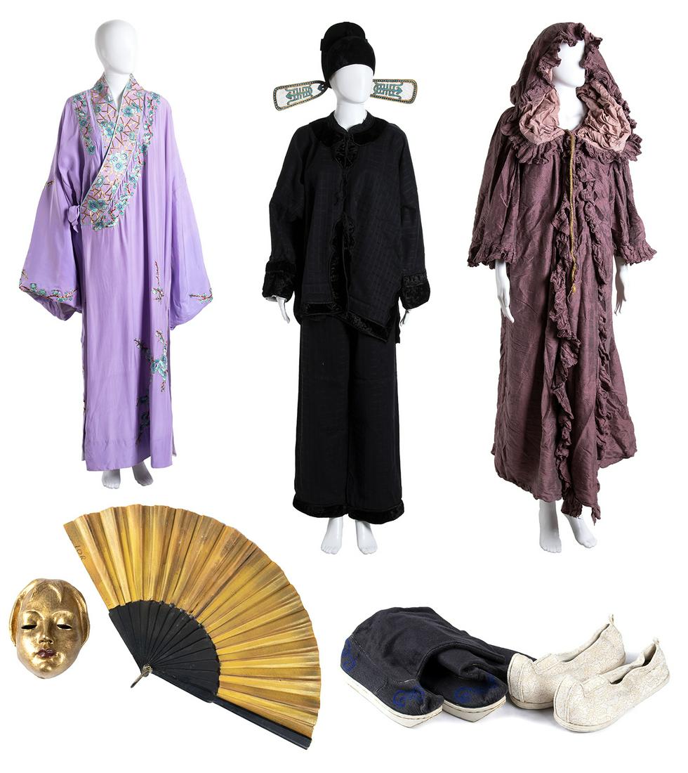 THEATRE SET 90s: THEATRE SET 90s Theatre set: a raw silk domino(GP11), 1 gilded mask, 1 men ensemble (jacket and trousers) "(Tirelli)" + hat, 1 pair of boots and 1 of shoes, 1 woman silk kimono, 1 fan General Conditio