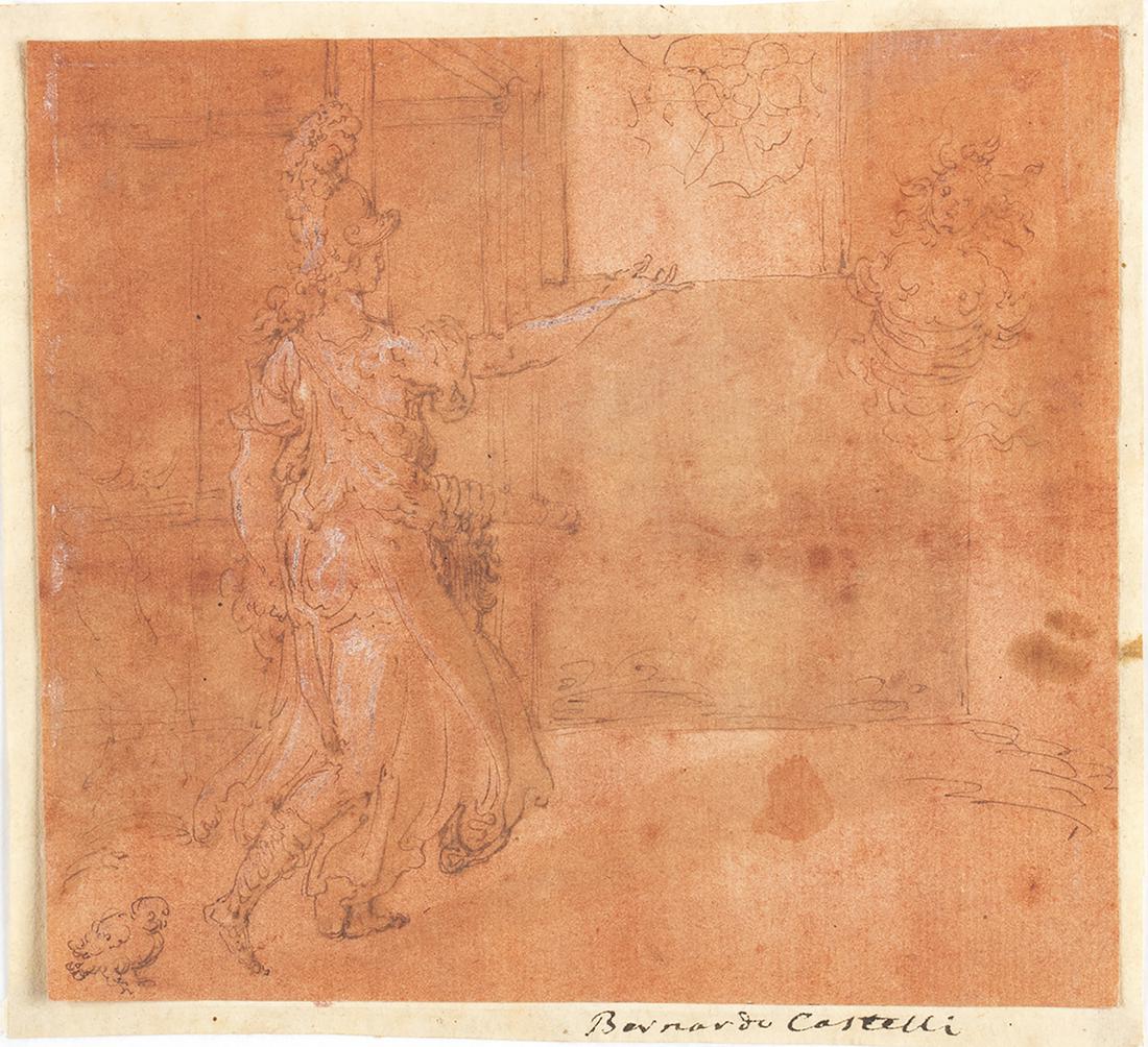 BERNARDO CASTELLO (Genoa, 1557 - 1629), ATTRIBUTED TO -: BERNARDO CASTELLO (Genoa, 1557 - 1629), ATTRIBUTED TO Minerva retrieving the Aegis Ink, pen and traces of white lead on red paper laid down on cardboard, cm. 14,7x16,8 Old pen inscription on the cardb