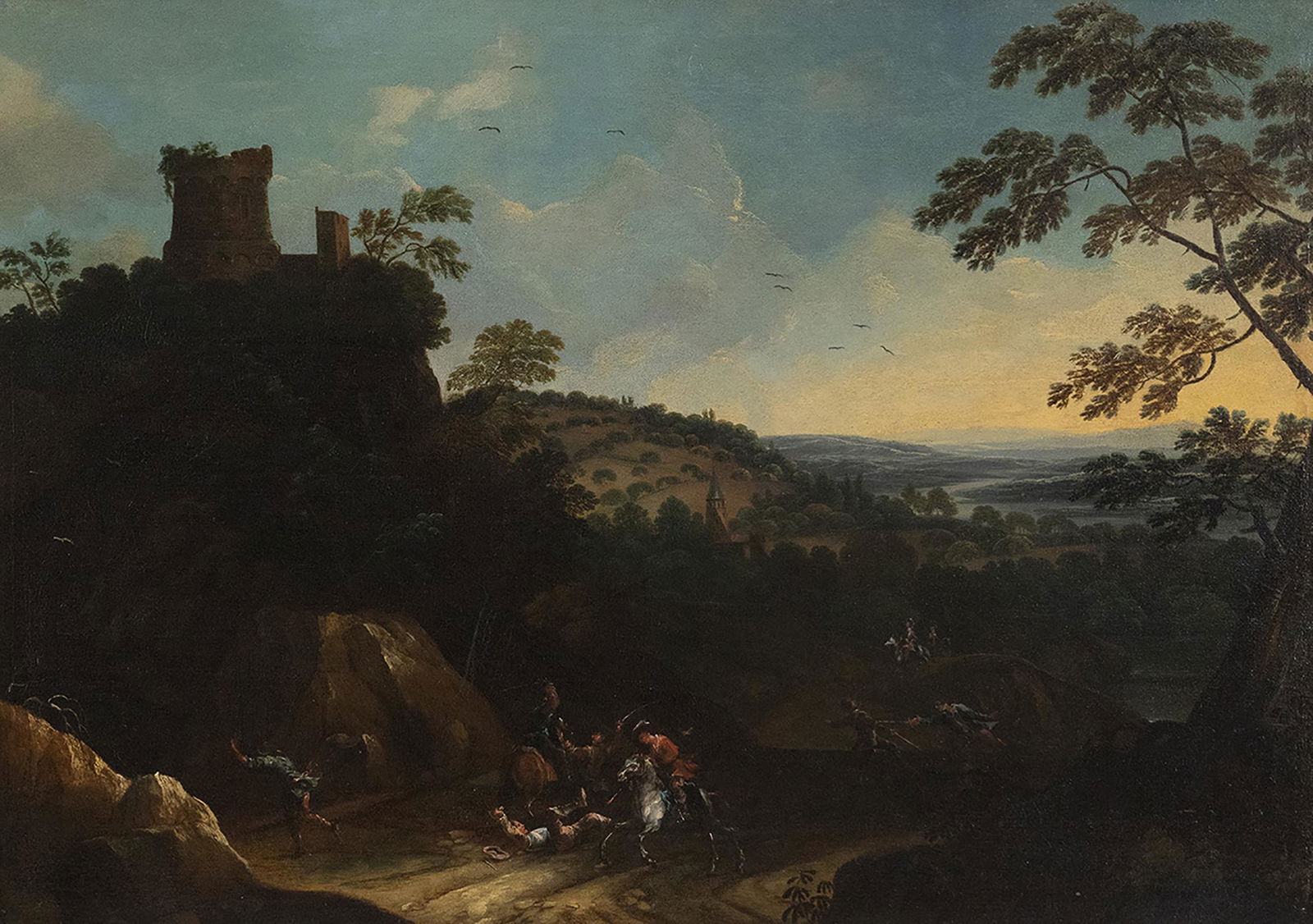 AMBIT OF ISAAC DE MOUCHERON (Amsterdam, 1667 - 1744) -: AMBIT OF ISAAC DE MOUCHERON (Amsterdam, 1667 - 1744) Landscape with an attack of bandits to a group of wayfarers Oil on canvas, cm. 70x100. Framed