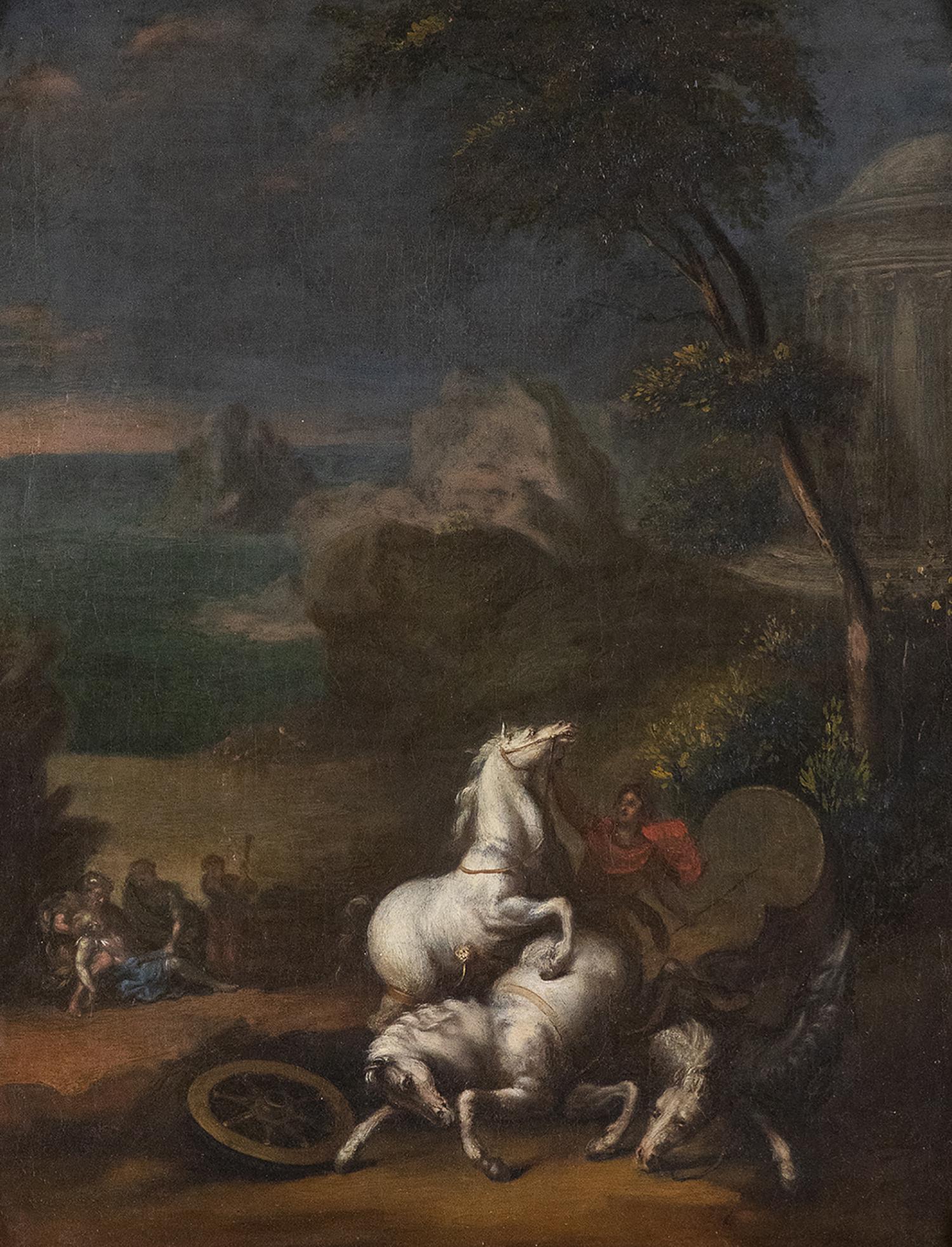 FRENCH PAINTER ACTIVE IN ROME, SECOND HALF OF THE 17th: FRENCH PAINTER ACTIVE IN ROME, SECOND HALF OF THE 17th CENTURY (CIRCLE OF GUILLAUME COURTOIS, CALLED IL BORGOGNONE?) Landscape with the Fall of Phaethon Oil on canvas, cm. 40,5x32,5. Framed