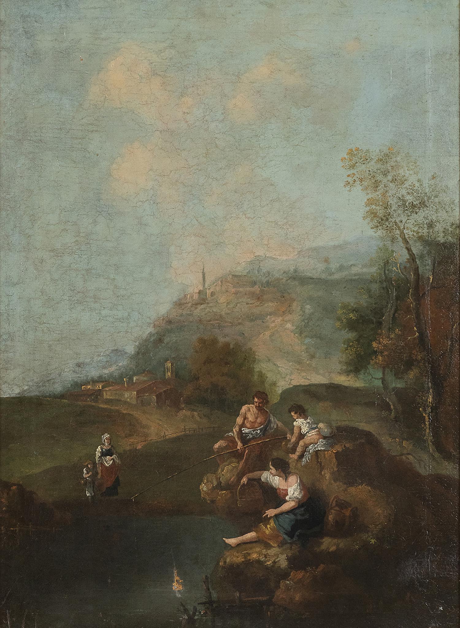 CIRCLE OF FRANCESCO ZUCCARELLI (Pitigliano, 1702 -: CIRCLE OF FRANCESCO ZUCCARELLI (Pitigliano, 1702 - Florence, 1788) Landscape with figures around a little lake Oil on canvas, cm. 82x60. Framed