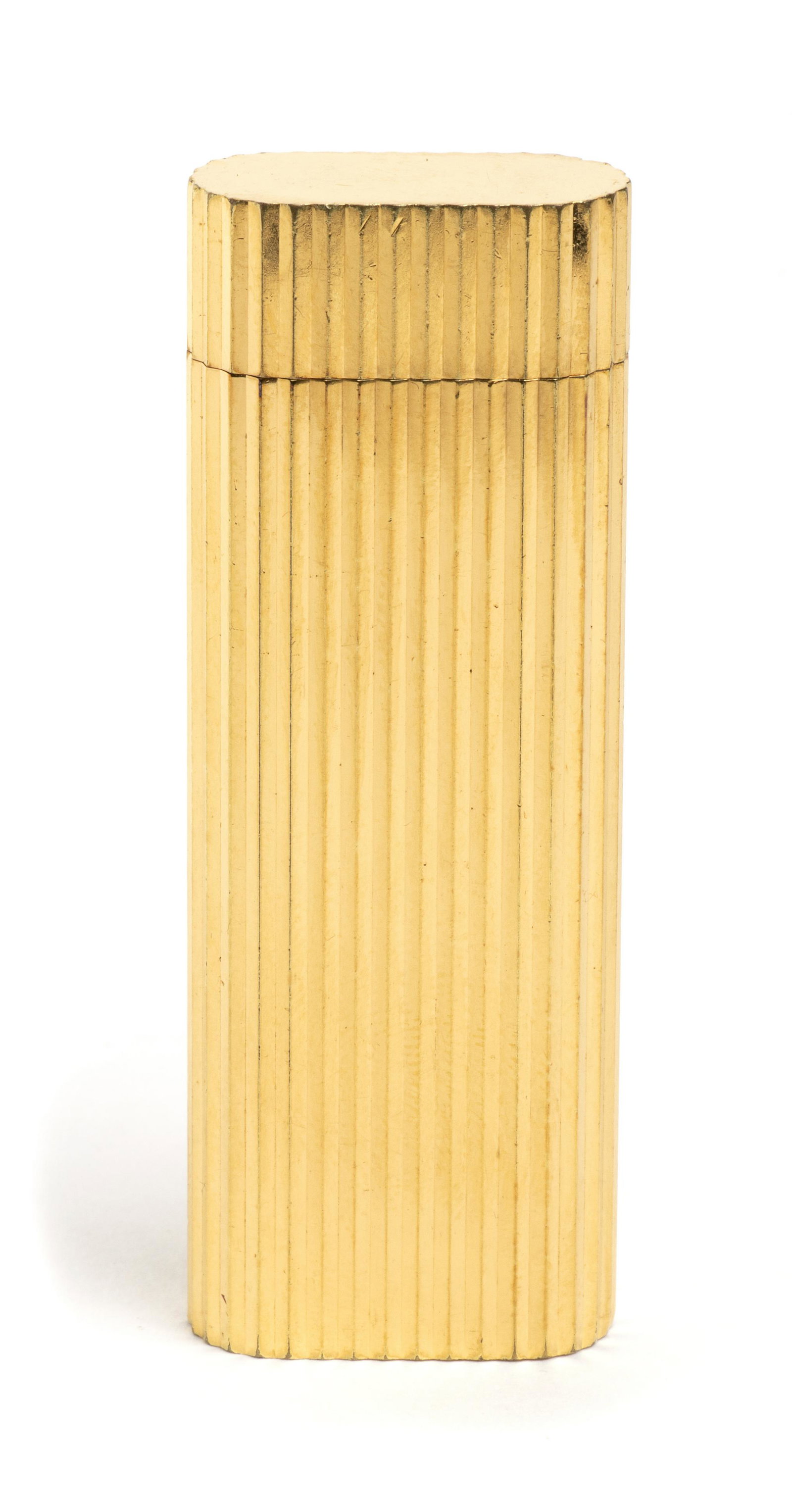 CARTIER LIGHTER 80s: CARTIER LIGHTER 80s Gold pleated lighter, with box, 7x2 cm General condition grading B/C (signs of wear)