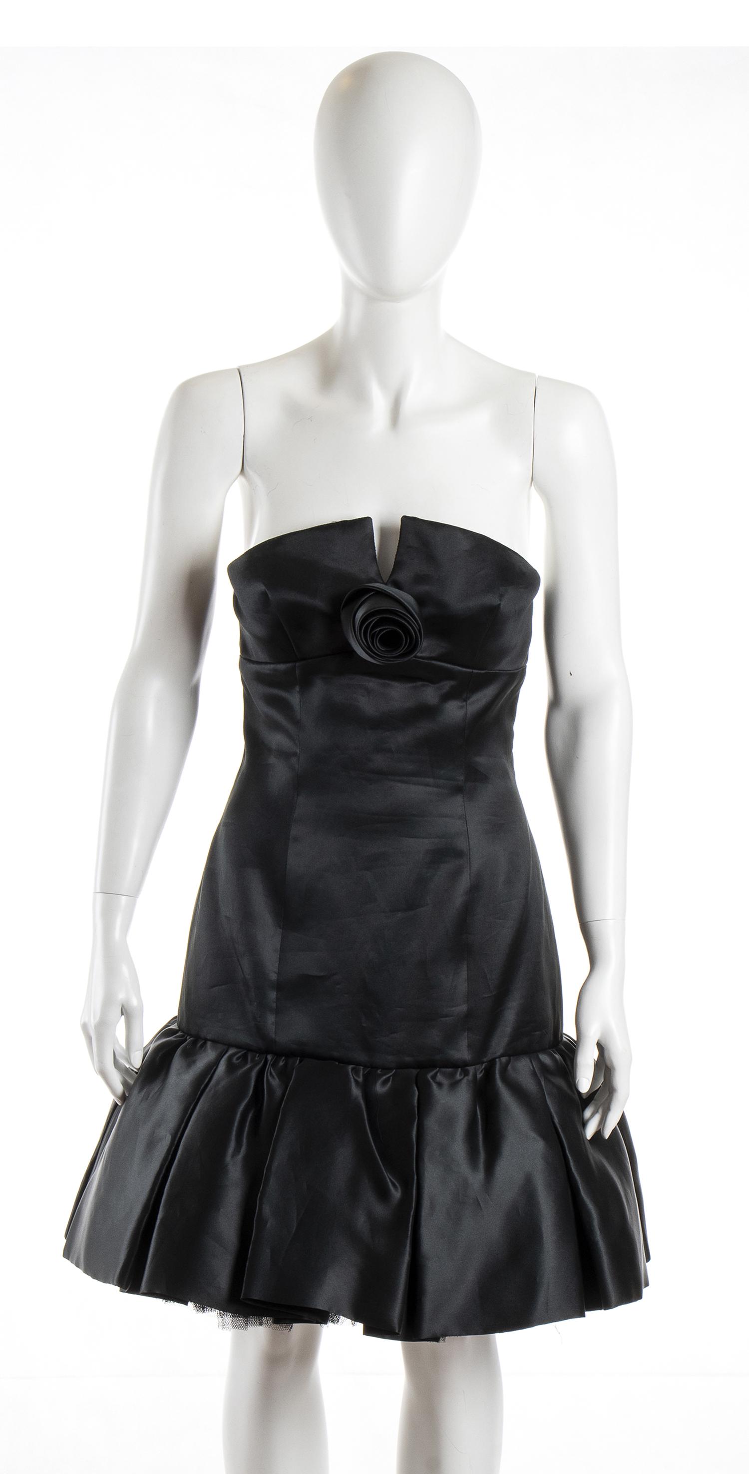 DAVID FIELDEN DRESS IN SILK SATIN 90s: DAVID FIELDEN DRESS IN SILK SATIN 90s A black silk satin shoulderless corset dress, black tulle petticoat General Conditions grading B