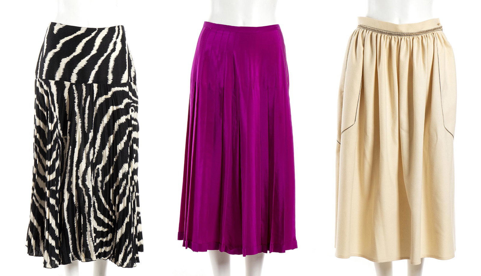 BYBLOS, GENNY, PANCALDI LOT OF 3 SKIRTS 80s: BYBLOS, GENNY, PANCALDI LOT OF 3 SKIRTS 80s A lot of 3 items: 1) A Byblos ivory wool soleil plissÃ¨ skirt 2) A Genny silk animalier pattern plissÃ¨ skirt 3) A Pancaldi fuchsia crepe de chine silk