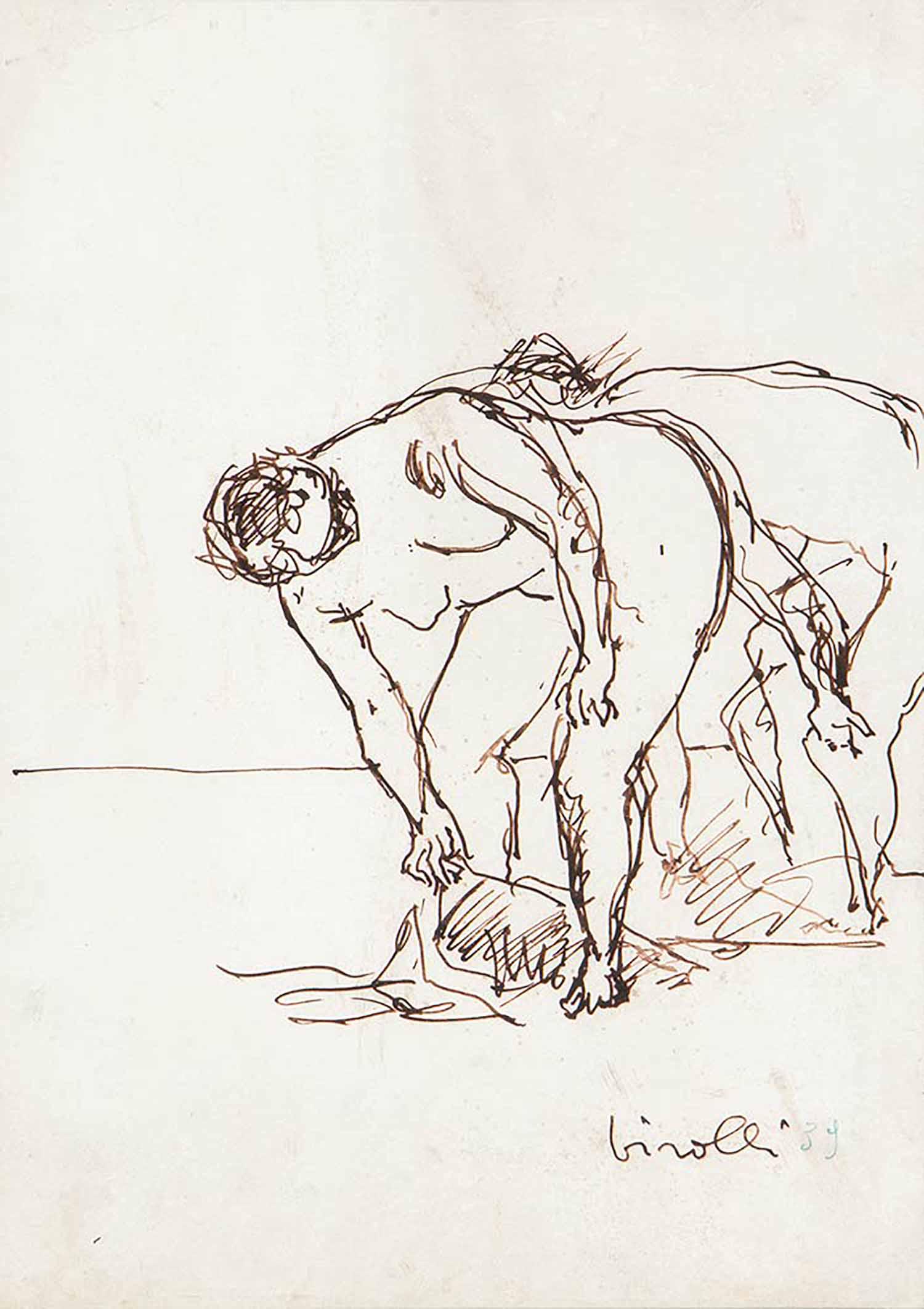 RENATO BIROLLI - Undressing Women, 1939: RENATO BIROLLI Verona, 1905 - Milan, 1959 Undressing Women, 1939 Brown china ink on paper, 30,5 x 21,5 cm Signed and dated lower right: Birolli 39 Label on the back by Galleria Annunciata, Milano Stam