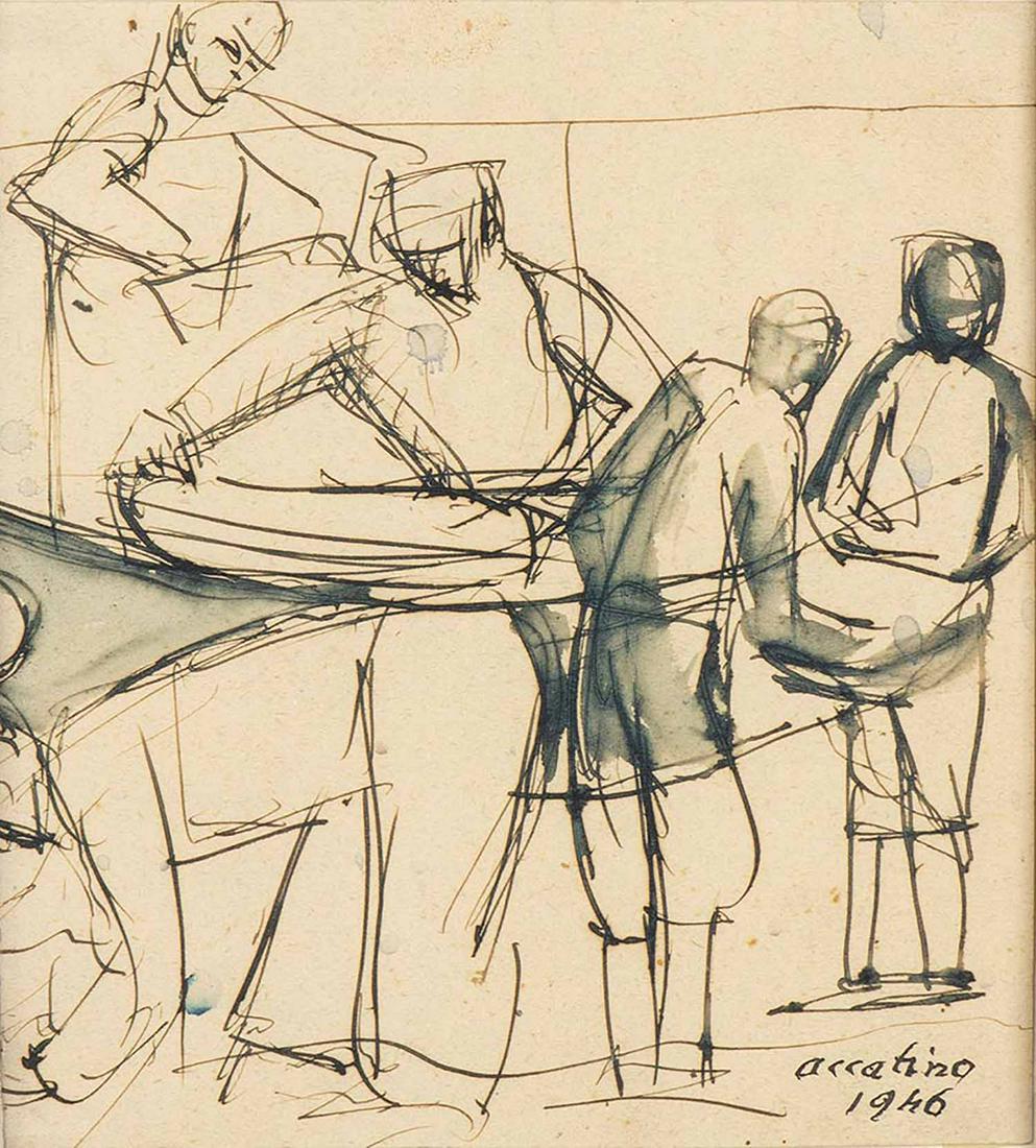 ENRICO ACCATINO - Untitled, 1946: ENRICO ACCATINO Genoa, 1920 - Rome, 2007 Untitled, 1946 China ink and watercolor on brown paper, 16,5 x 15,5 cm Signed and dated lower right: Accatino 1946 PROVENANCE: Accatinoâ€™s Heirs Collecti