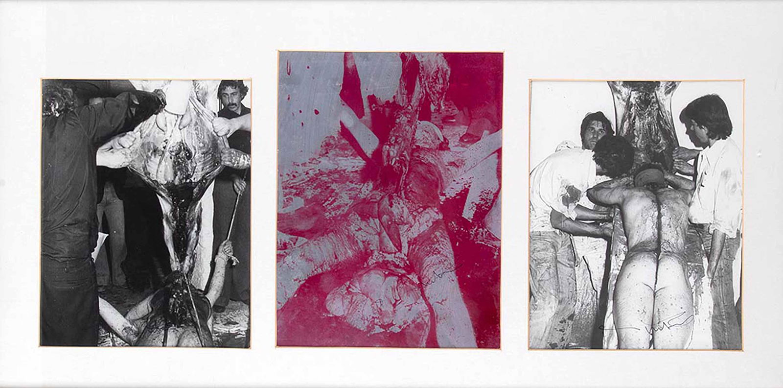 HERMANN NITSCH - Three performance photographs by: HERMANN NITSCH Wien, 1938 Three performance photographs by Hermann Nitsch Photographs, 28 x 22 cm (on the sides); 31 x 23,5 cm (in the middle) Signed on the front: Hermann Nitsch