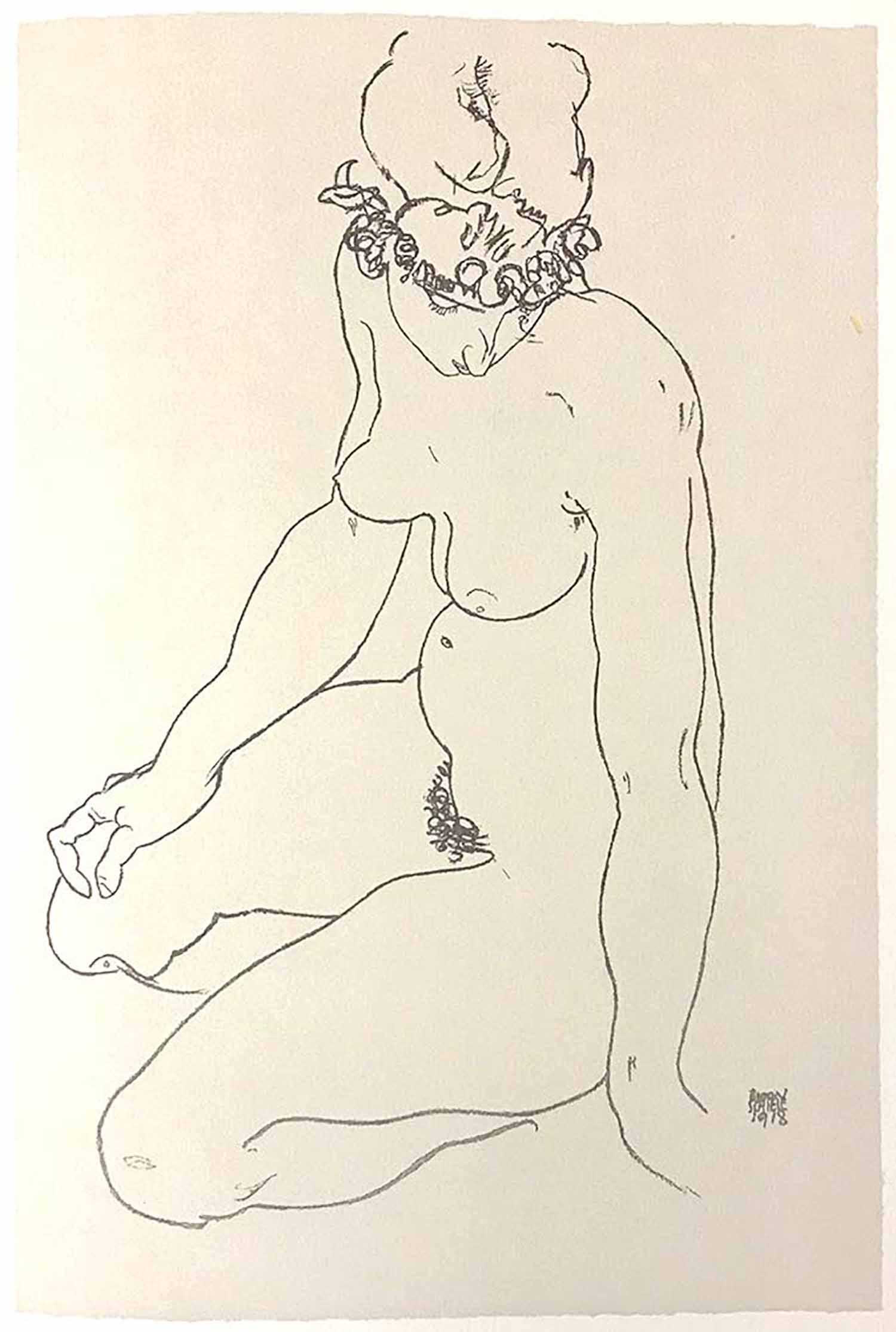 AFTER EGON SCHIELE - Kneeling Female Nude, Turning to: AFTER EGON SCHIELE Kneeling Female Nude, Turning to the Right, 2007 Litography, 50 x 33 cm Kneeling Female Nude, Turning to the Right is a beautiful and original lithograph from the portfolio ""Erotic