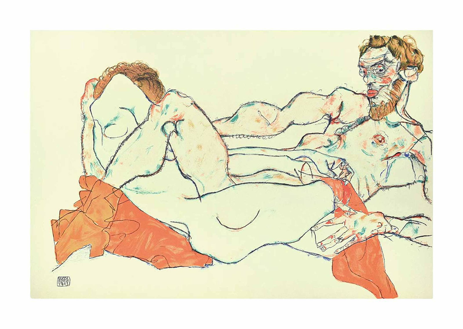 AFTER EGON SCHIELE - Reclining Male and Female Nude,: AFTER EGON SCHIELE Reclining Male and Female Nude, Entwined, 2007 Litography, 50 x 32 cm "Reclining Male and Female Nude, Entwined” is a beautiful, original, and colored lithograph from the port