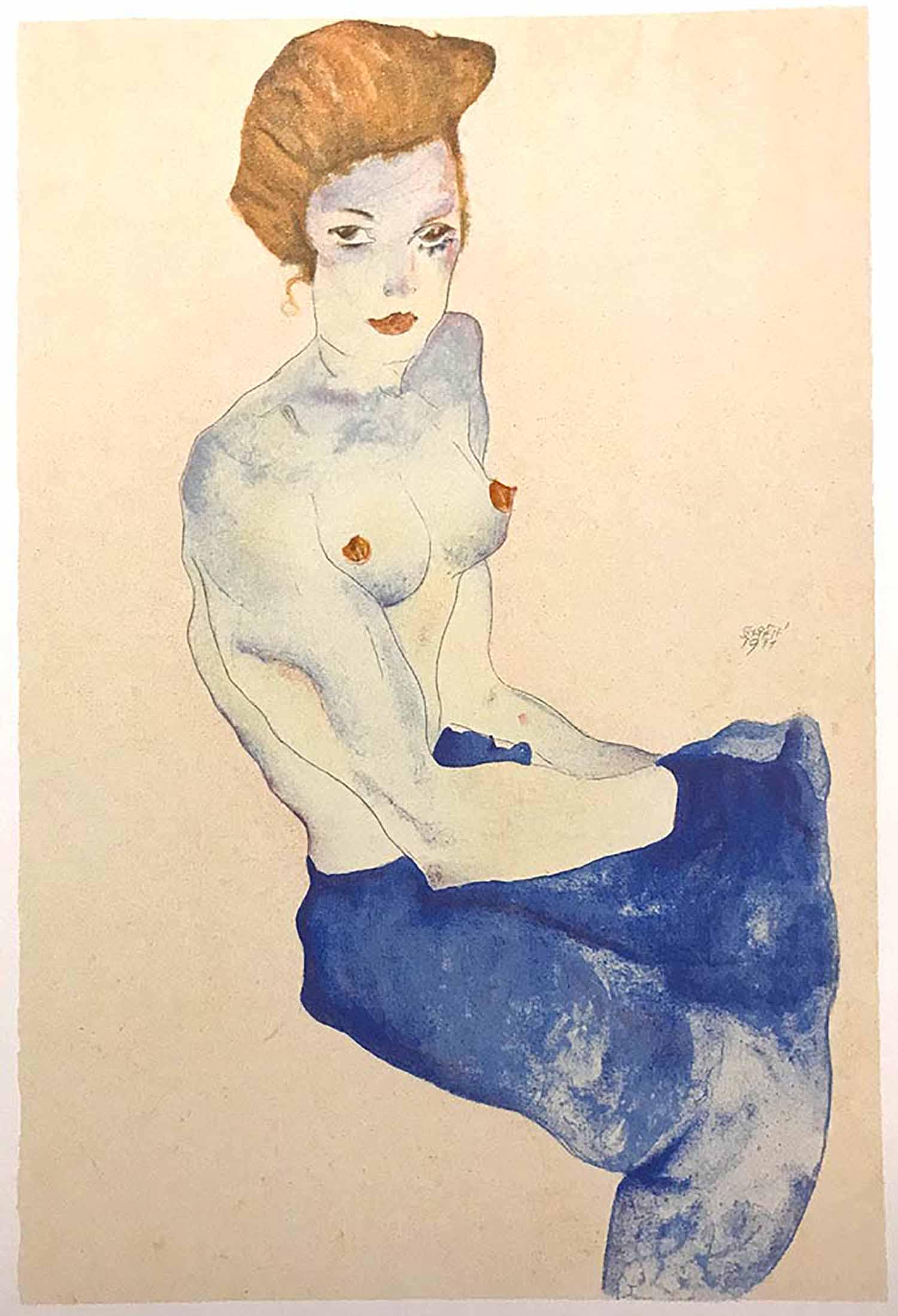 AFTER EGON SCHIELE - Seated Girl with Bare Torso, 2007: AFTER EGON SCHIELE Seated Girl with Bare Torso, 2007 Litography, 50 x 32 cm Seated Girl with Bare Torso is a beautiful and original colored lithograph from the portfolio ""Erotica"" by Egon Schiele. I