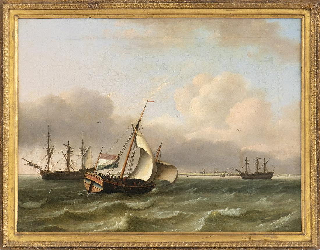 THOMAS LUNY (St. Eve, 1759 - Teignmouth, 1837) -: THOMAS LUNY (St. Eve, 1759 - Teignmouth, 1837) Coastal landscape with boats Oil on canvas, cm. 42,56. Framed Lower left traces of signature and date: â€œT. Lu... / 1779”.