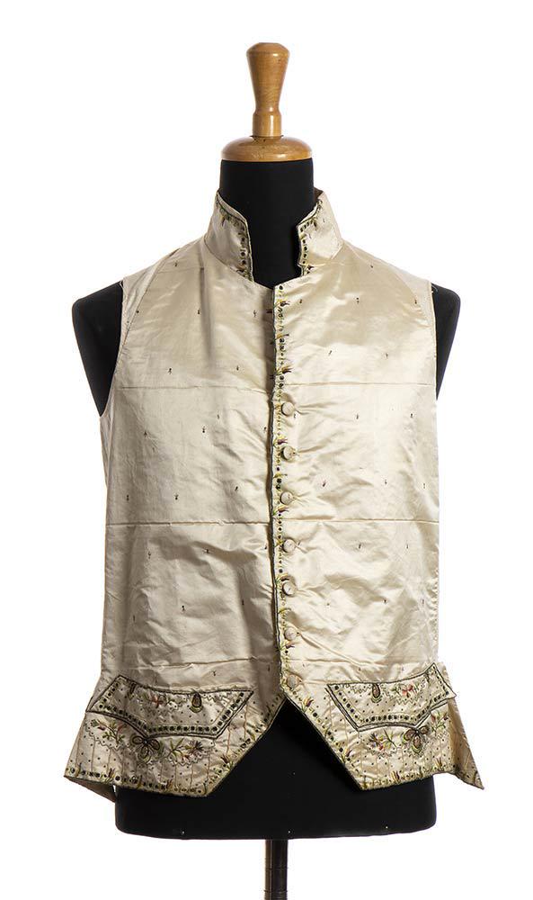 SILK AND LINEN VEST Late 18th Century: SILK AND LINEN VESTLate 18th CenturyEmbroidered ivory silk and linen vest. Bust 100 cmGeneral condition grading B