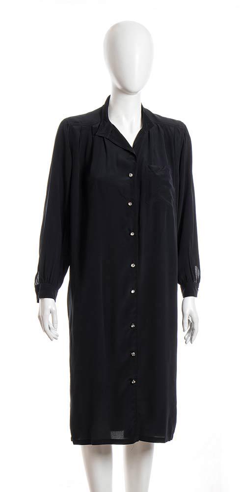 PAOLA DAVITTI SILK CREPE MAXI SHIRT 70s: PAOLA DAVITTISILK CREPE MAXI SHIRT70sBlack silk crepe maxi shirt, rhinestones buttons. General Conditions grading B.