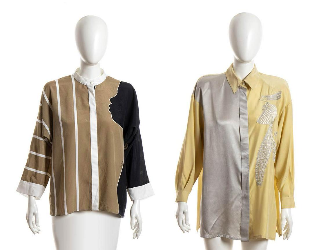 PER SPOOK AND MARIO PUCCI CECCONI LOT OF 2 SHIRTS 80s: PER SPOOK AND MARIO PUCCI CECCONILOT OF 2 SHIRTS80sSilk/poly blend shirtsGeneral conditions grading B