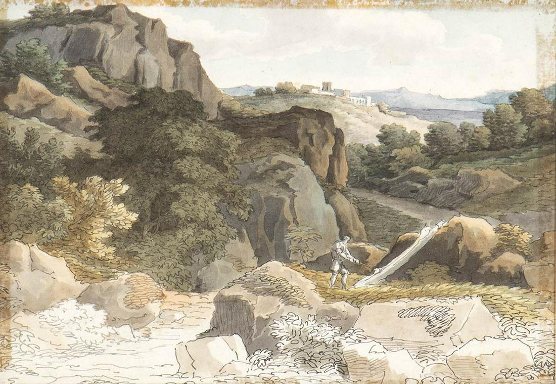 FELICE GIANI (San Sebastiano Curone, 1758 - Rome, 1823): FELICE GIANI (San Sebastiano Curone, 1758 - Rome, 1823) Rocky landscape with woodcutter Pen and watercolor, cm. 13x18. Framed PROVENANCE: Private collection, Umbria.