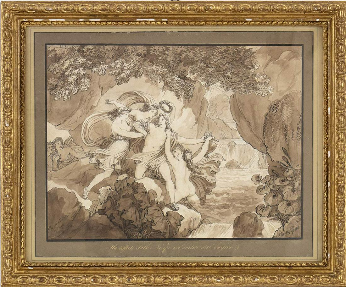 BARTOLOMEO PINELLI (Rome, 1781 - 1835) - Apollo and the: BARTOLOMEO PINELLI (Rome, 1781 - 1835) Apollo and the Muses Pen, ink and watercolor on paper Signed and dated lower right: "PINELLI FE. / ROMA 1831". PROVENANCE: Private collection, Lazio.