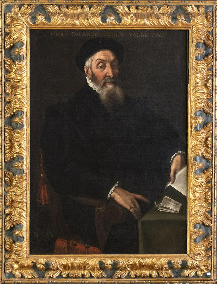 LORENZO COSTA IL GIOVANE (Mantova, 1537 - 1583) -: LORENZO COSTA IL GIOVANE (Mantova, 1537 - 1583) Portrait of Rolando Dalla Valle di Pomaro at the age of 66. Oil on canvas, cm. 120,5x84,5. Framed Signed and dated 1568. Upper in the middle brush inscr