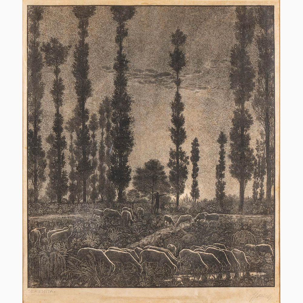 GIOVANNI GUERRINI Imola, 1887 - Rome, 1972 - Serenity,: GIOVANNI GUERRINIImola, 1887 - Rome, 1972 Serenity, 1919 Xilography on light brown paper, 48 x 42 cm Hand signed and titled lower: Giovanni Guerrini, SerenitÃ Good conditionsFrame, glass and passep