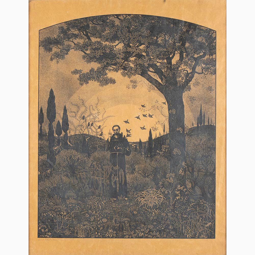 GIOVANNI GUERRINI Imola, 1887 - Rome, 1972 - Praised be: GIOVANNI GUERRINIImola, 1887 - Rome, 1972 Praised be my Lord, early twentieth century Xilography on light brown paper, 54 x 43 cm Signed stamped lower right: Giovanni GuerriniHand titled lower left: L