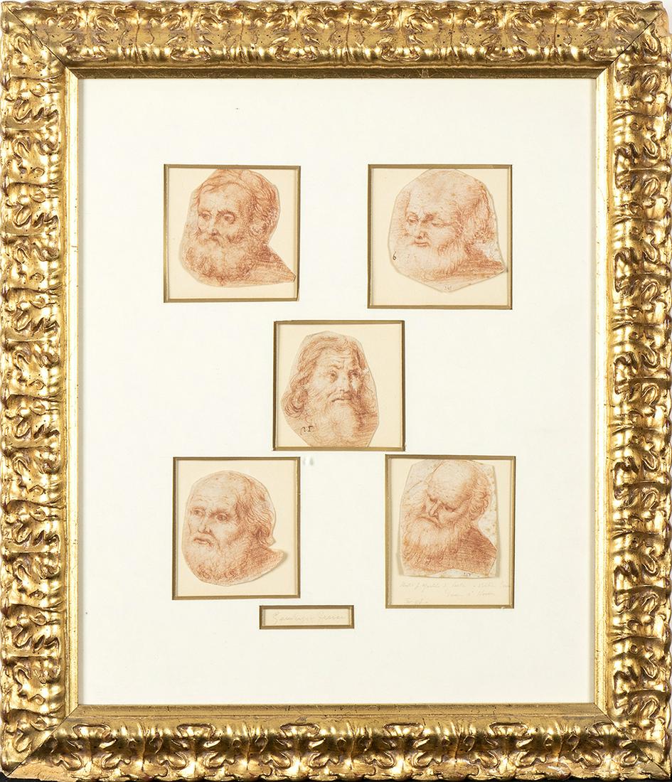 Studies of five heads of old men laid on a passepartout: CESARE GENNARI (Cento, 1637 - Bologna, 1688), ATTRIBUTED TO Studies of five heads of old men laid on a passepartout Red pencil, circa cm. 7,5x6,5 each one. Framed PROVENANCE: Private collection, Umbri