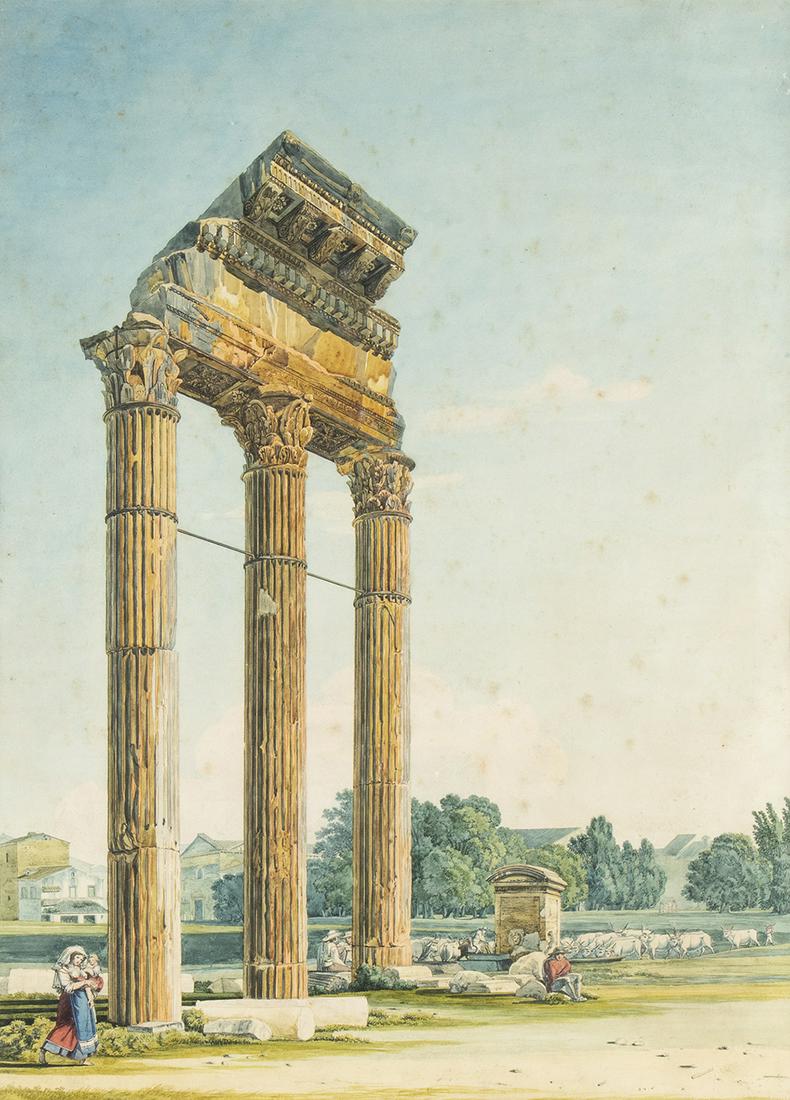 Temple of the Dioscuri at the Roman Forum: CARLO LABRUZZI (Rome, 1748 - Perugia, 1817) Temple of the Dioscuri at the Roman Forum Watercolor on paper, cm. 70x50. Framed PROVENANCE: Private collection, Rome.