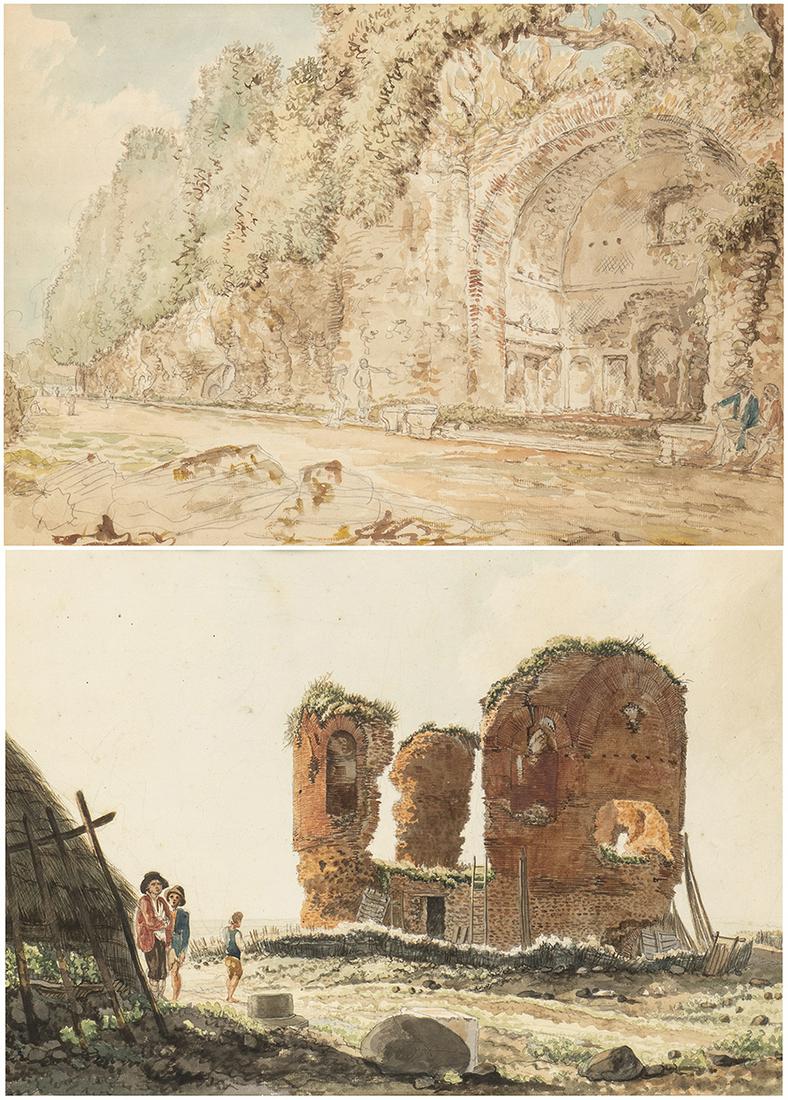 A. Villa of Domitian in Castel Gandolfo B. Ruins of the: CARLO LABRUZZI (Rome, 1748 - Perugia, 1817) A. Villa of Domitian in Castel GandolfoB. Ruins of the Mausoleum of Gallieno at the Casale di Fiorano at the ninth mile of the Via Appia A. Watercolor on pa