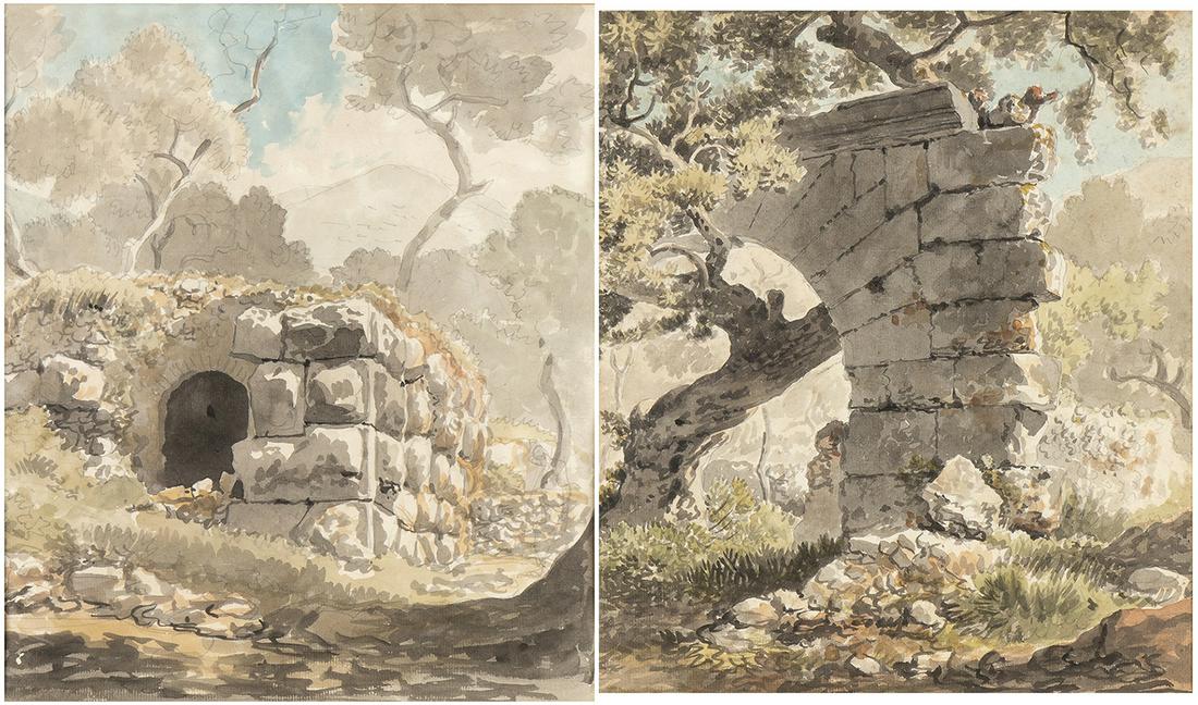 A. Remains of the Villa of Maribella after Itri. The: CARLO LABRUZZI (Rome, 1748 - Perugia, 1817) A. Remains of the Villa of Maribella after Itri. The drawing is reduced along the entire left margin.B. Entrance arch of Villa San Martino after Itri A. Wat