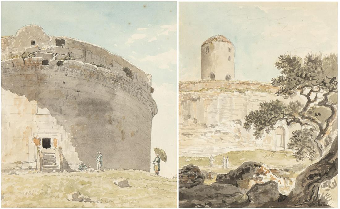 A.The Mausoleum of Sempronio Atratino in Gaeta. The: CARLO LABRUZZI (Rome, 1748 - Perugia, 1817) A.The Mausoleum of Sempronio Atratino in Gaeta. The drawing is reduced along the entire left margin. B. Mausoleum of Munazio Planco in Gaeta. The drawing is