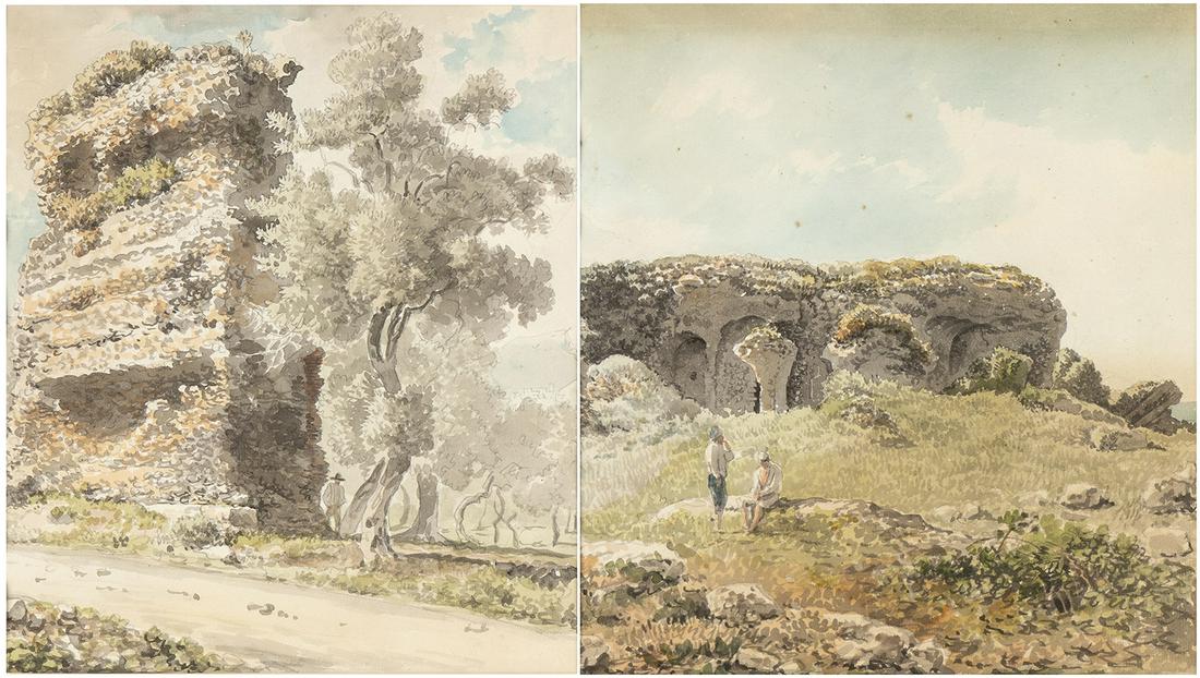 A. View of a large sepulcher beyond Mola. The drawing: CARLO LABRUZZI (Rome, 1748 - Perugia, 1817) A. View of a large sepulcher beyond Mola. The drawing is reduced along the entire left margin.B. Ruins of Torre Gianola A. Watercolor on paper, cm. 37,5x32,